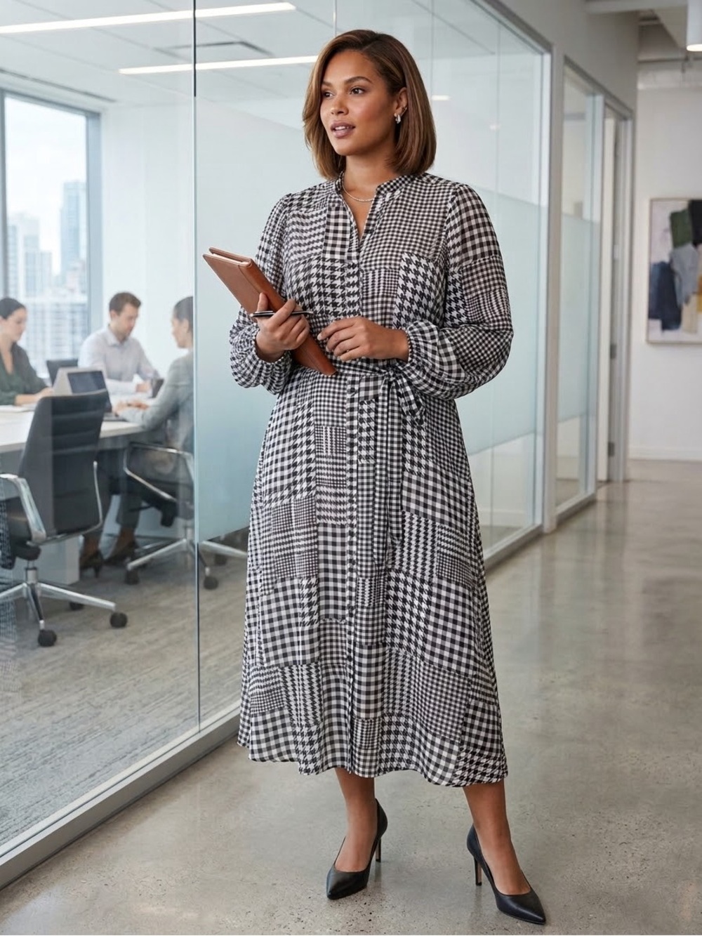 Ann Taylor Black & White Patchwork Plaid Maxi Dress
